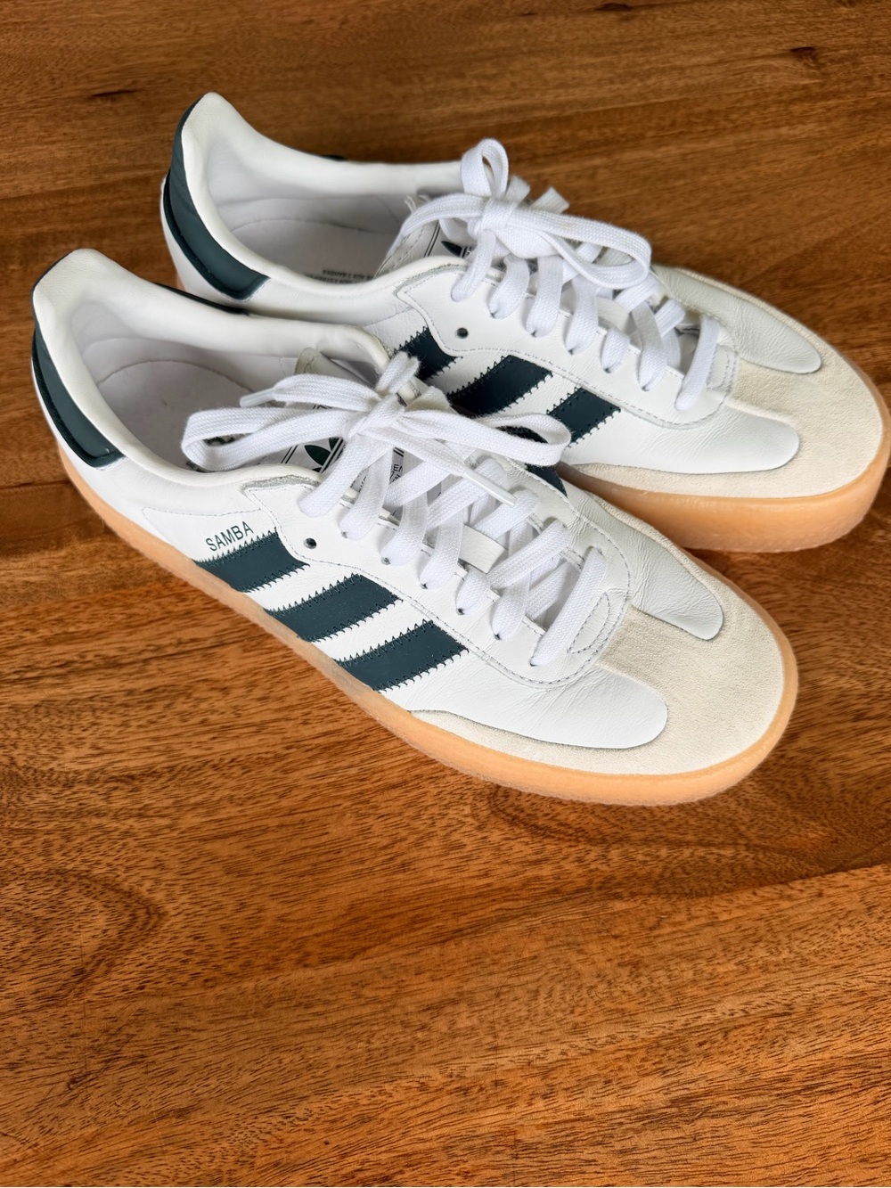 Adidas Samba Sneakers in White with Dark Green Stripes and Gum Platform